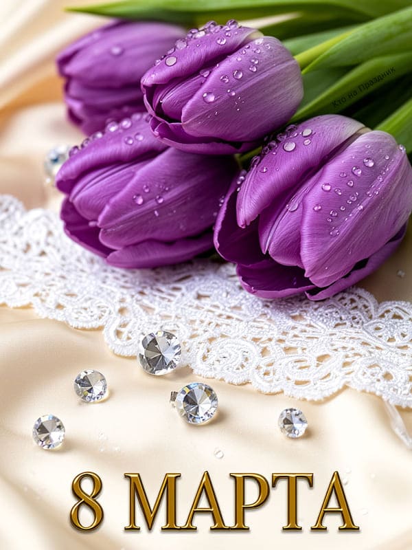 Красивые фиолетовые тюльпаны и надпись 8 марта открытка