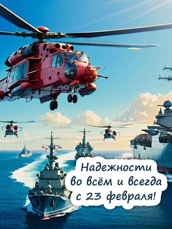 Военный красный вертолёт и корабли в море открытка 23 февраля