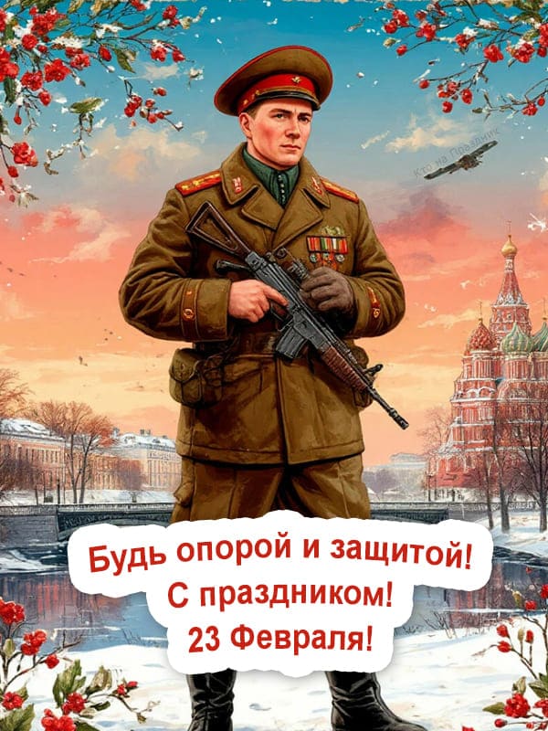 На фоне города с мостом военный солдат времён СССР открытка на 23 февраля