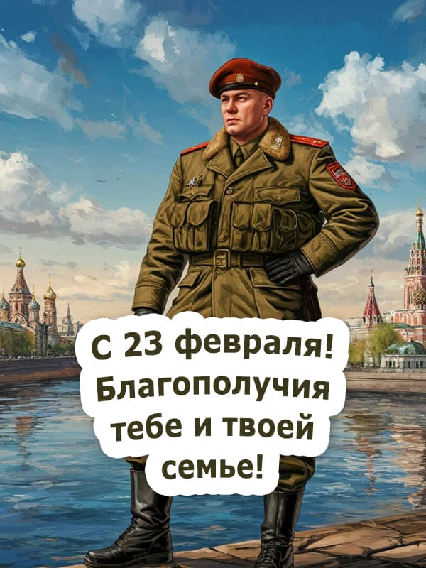 Военный мужчина смотрит в даль на фоне города и реки 23 февраля