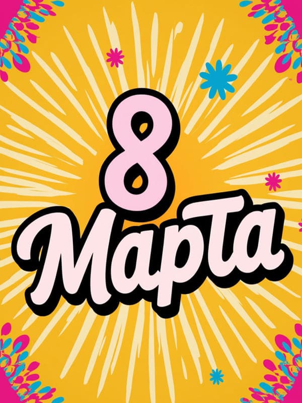 На жёлтом фоне цифра 8 и текст марта открытка на праздник