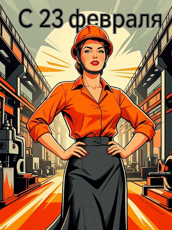 Плакат открытка на 23 февраля женщина в цеху в оранжевой каске