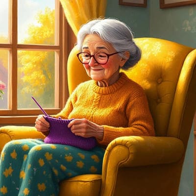 Бабушка в кресле вяжет носочки у окна