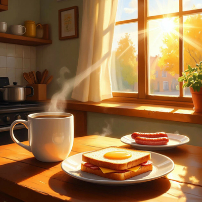 Картинка с добрым утром на столе завтрак чай тосты сосиски