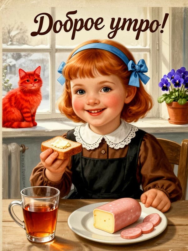 Стиль СССР школьница девушка завтракает чаем и колбасой доброе утро