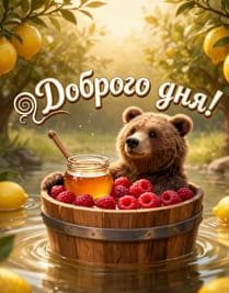 мишка плывёт по реке в бочке