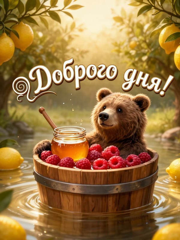 Нарисованный медведь с малиной и мёдом плывет по реке в бочке