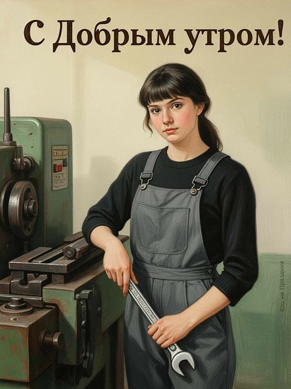 Девушка за станком и гаечный ключ открытка СССР стиль