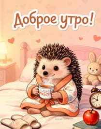 ёжик в пижаме пьёт чай в кровати
