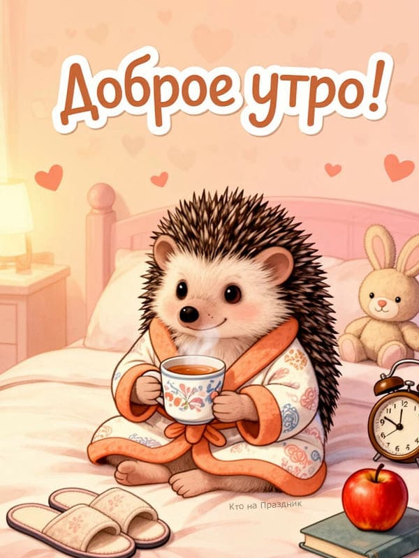 Милый нарисованный ёжик в пижаме с кружкой чая сидит на кровати