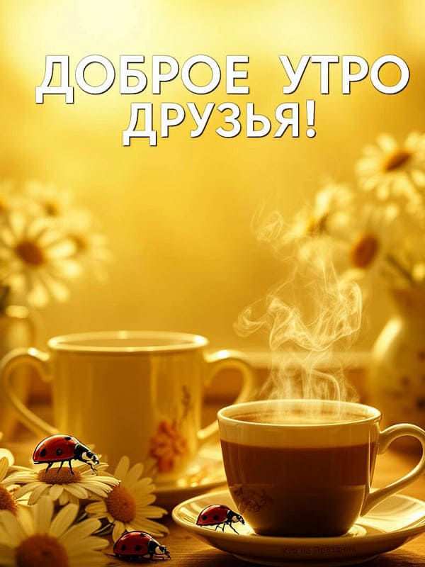 Горячий кофе в кружке ранний утром ромашки и жуки божьи коровки