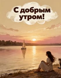 Девушка с котом сидит у озера на берегу