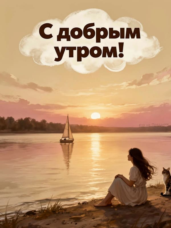 Девушка сидит на берегу речки ранним утром с котом плывёт корабль