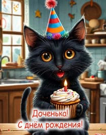 Иллюстрация черный котик в колпаке