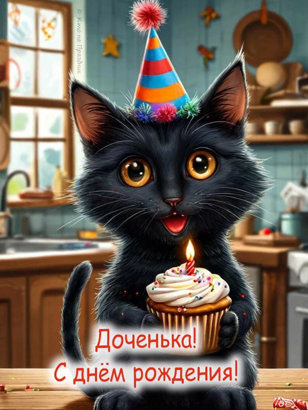 Милый чёрный нарисованный котёнок который в колпаке с кексом со свечкой