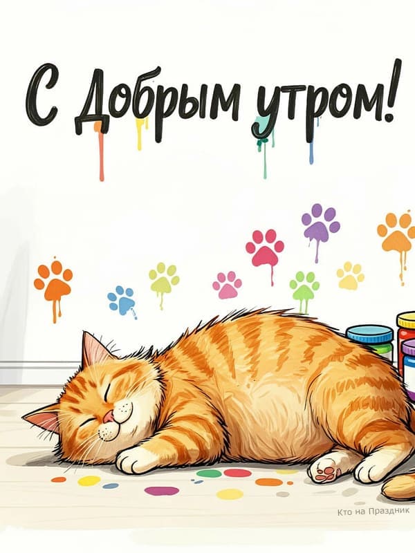 Иллюстрация кот спит у стены на которой разноцветные лапки от краски