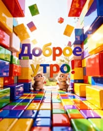 Разноцветные летающие кубики и два котенка