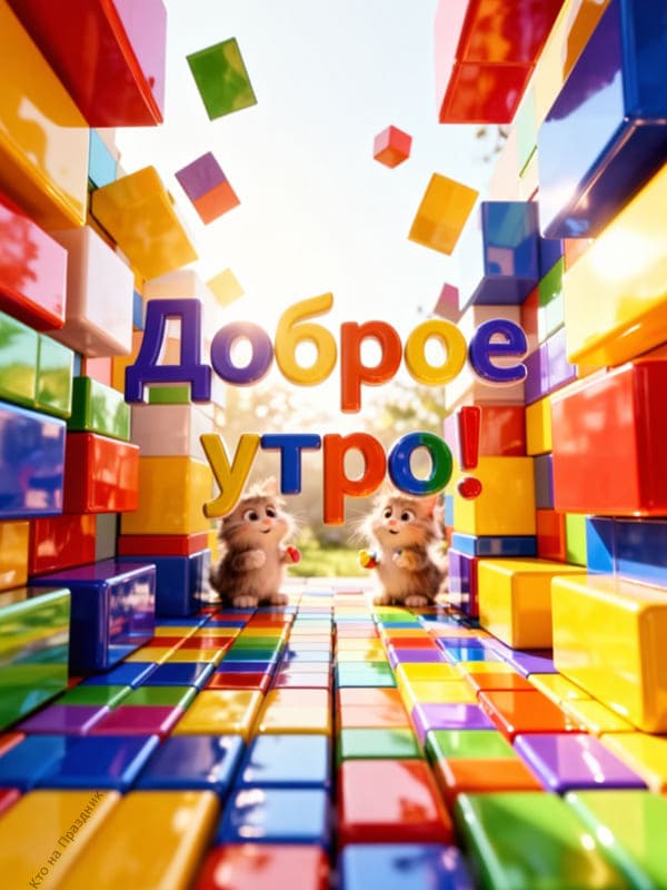 Много летающих разноцветных кубиков и надпись доброе утро
