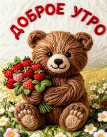 Вязанный медвежонок с клубникой