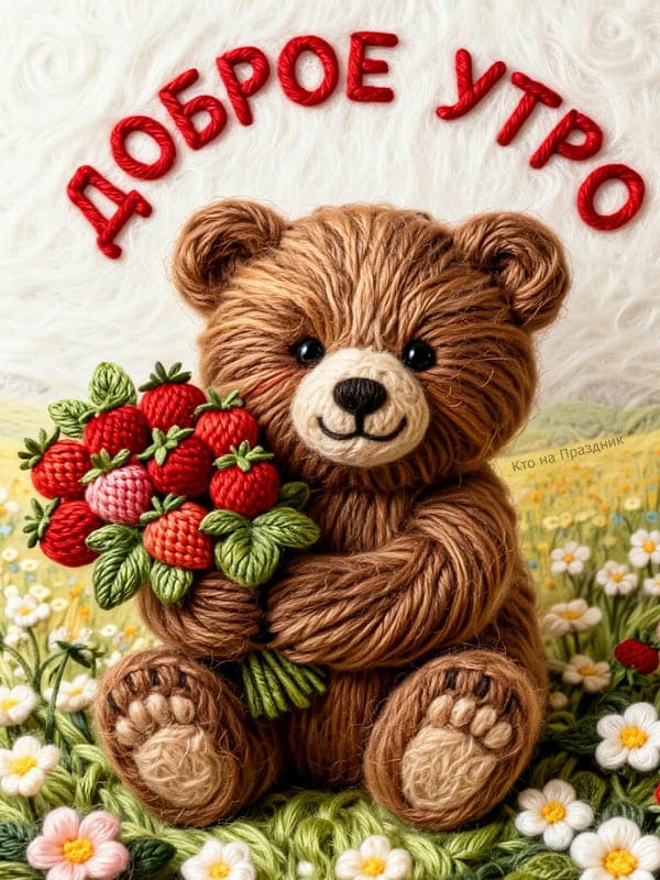 Мишка косолапый связанный из ниток с букетом из малинным утром