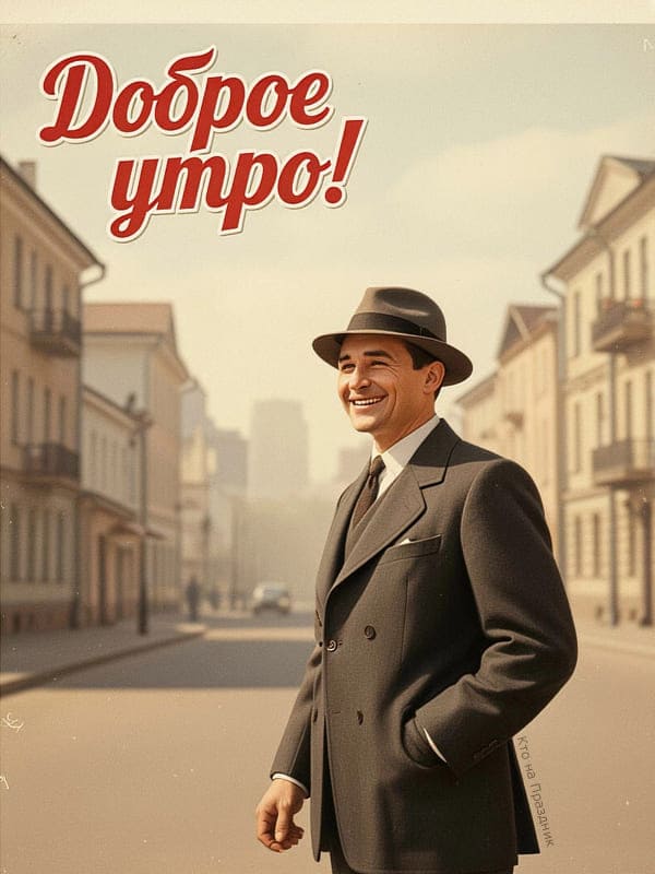 Мужчина в стиле 70-х годов в шляпе и костюме идёт по улице города ранним утром