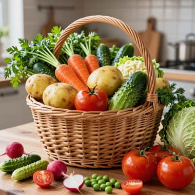 Корзина с красивыми свежими овощами на кухне