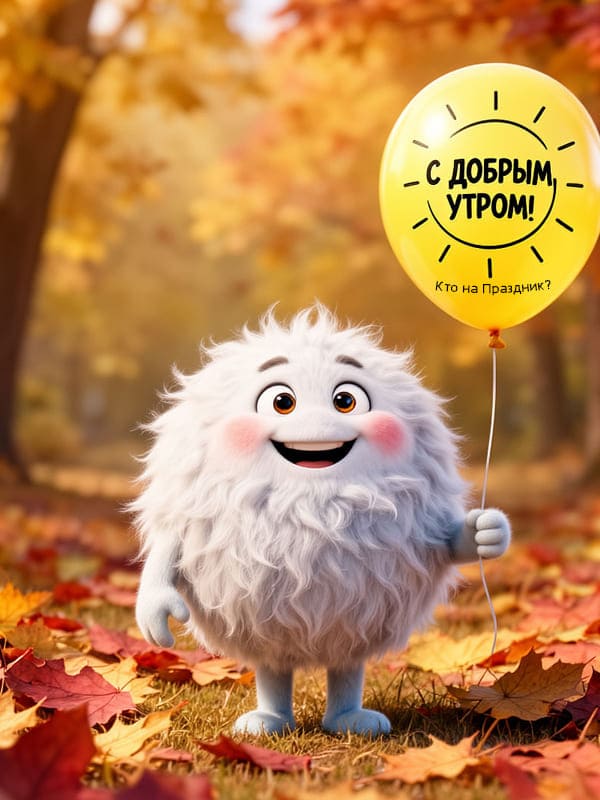 Белый пушистый персонаж держит в руках за верёвку воздушный шарик доброе утро