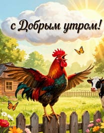 Петух на заборе в деревне кукарекает