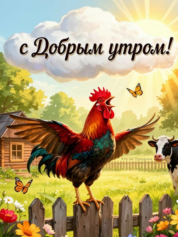 Ранним утром петух кукарекает сидя на заборе в деревне