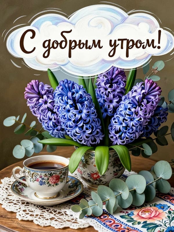 Сирень в вазе и чашка кофе в красивом окормление