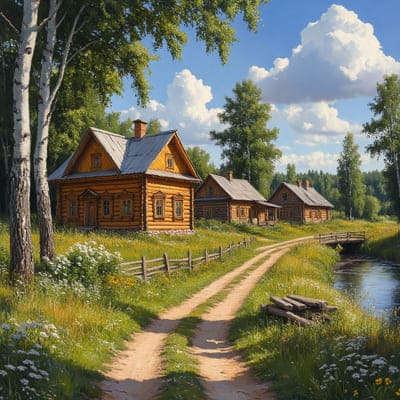 Деревенский пейзаж дома и природа с дорогами