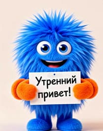 Синий персонаж держит табличку руковичками