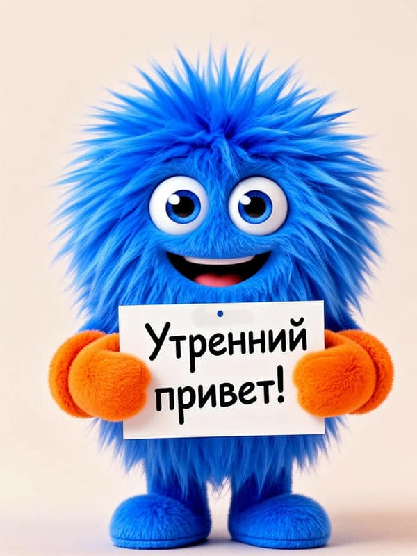 Синий персонаж пушистик с табличкой утренний приветик