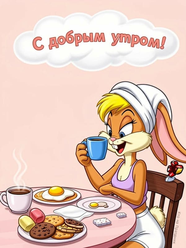 Банни из мультику Луни Тюнс завтракает ранним утром открытка