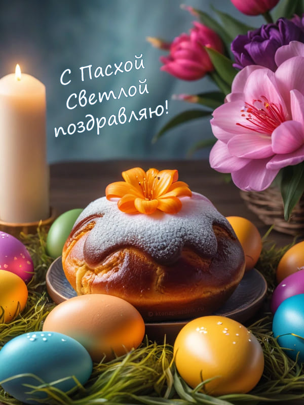 Яркая и чёткая картинка с пасхальным куличом, яйцами, свечкой и поздравлением!