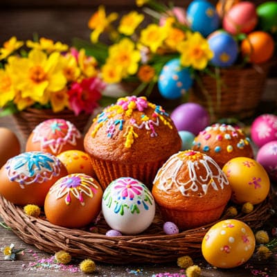 Кулич и разноцветные яйца на праздник Пасха