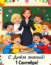 Яркая иллюстрация учительница с детьми день знаний