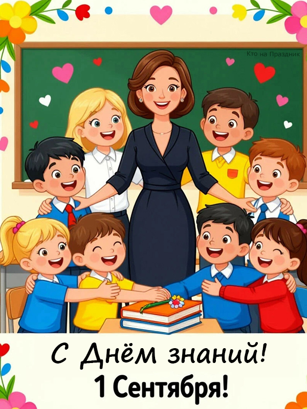 Учительница с детьми яркая красивая иллюстрация в школе
