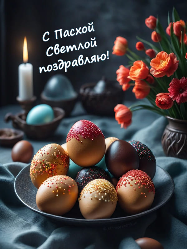 Пасхальные яйца в тарелке, зажжённая свеча, яркие цветы