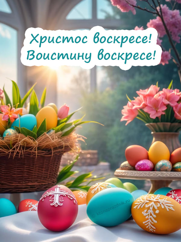 Яркая картинка на Пасху, пасхальные разноцветные, яркие яйца и текст поздравление