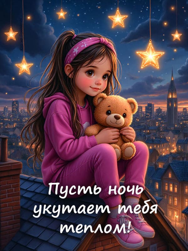 Девочка сидит на крыше дома обняв плюшевого мишку