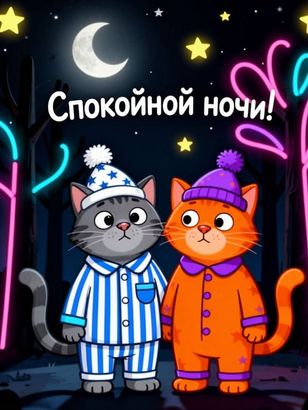 Серый и рыжий кот в пижамах в лесу под луной в шапках иллюстрация