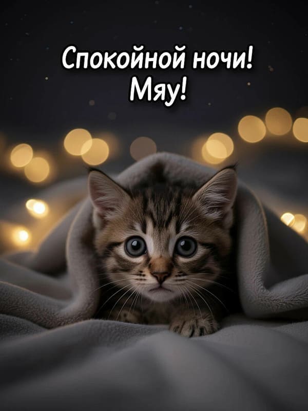 Котёнок под одеялом смотрит на зрителя на фоне огоньков