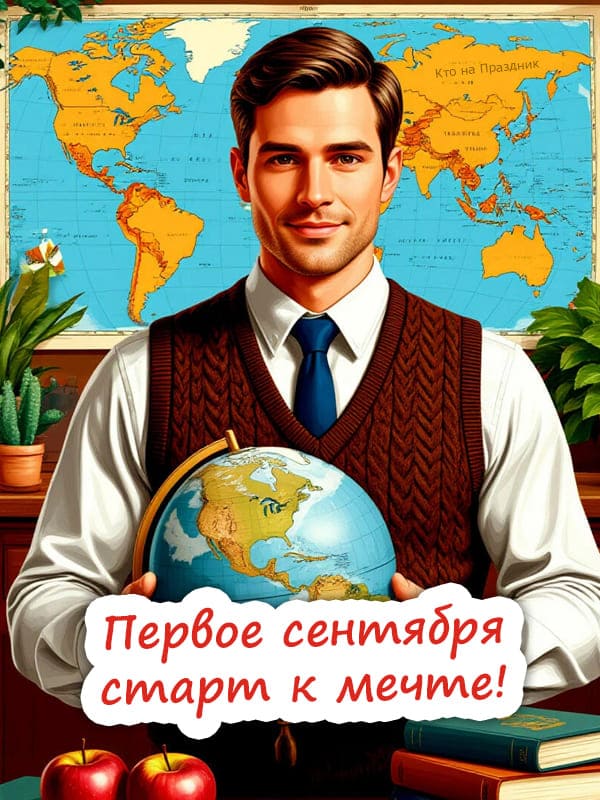 Мужчина школьный учитель с глобусом на фоне карты