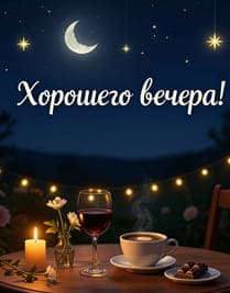 Звёздное небо вечером и стол с кофе и вином