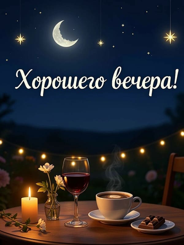 На фоне звёзд и луны стол с бокалом вина кофе и шоколад