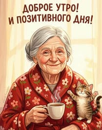 Бабушка в красном халате котёнок и кружка чая