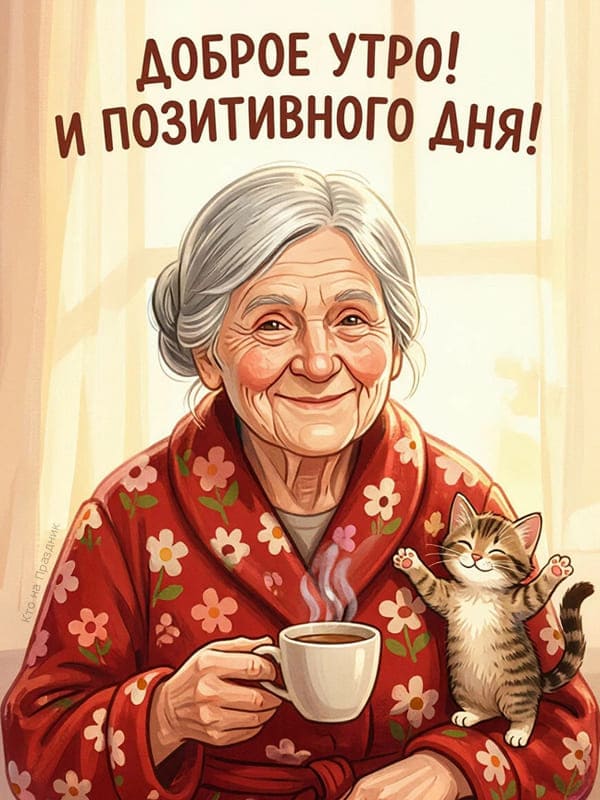 Бабушка в красном халате в цветочек с кружкой чая и рядом котёнок на руке