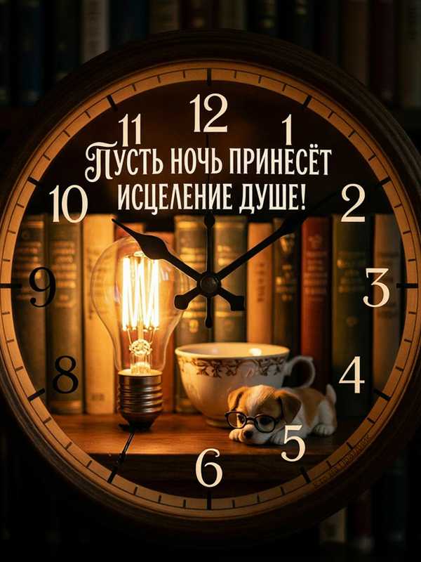 Большой циферблат часов внутри лампочка с книгами и статуэтка щенка с кружкой