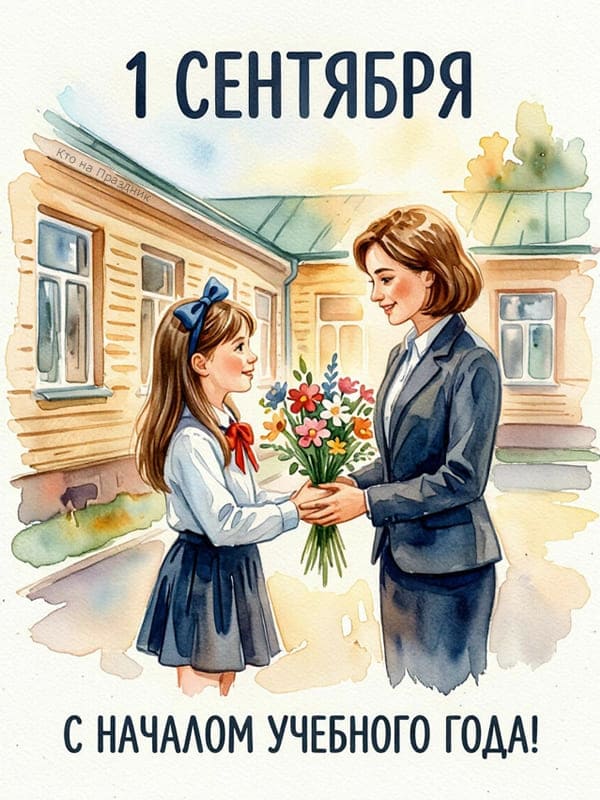 Акварельный стиль школьница дарит учителю цветы на 1 сентября